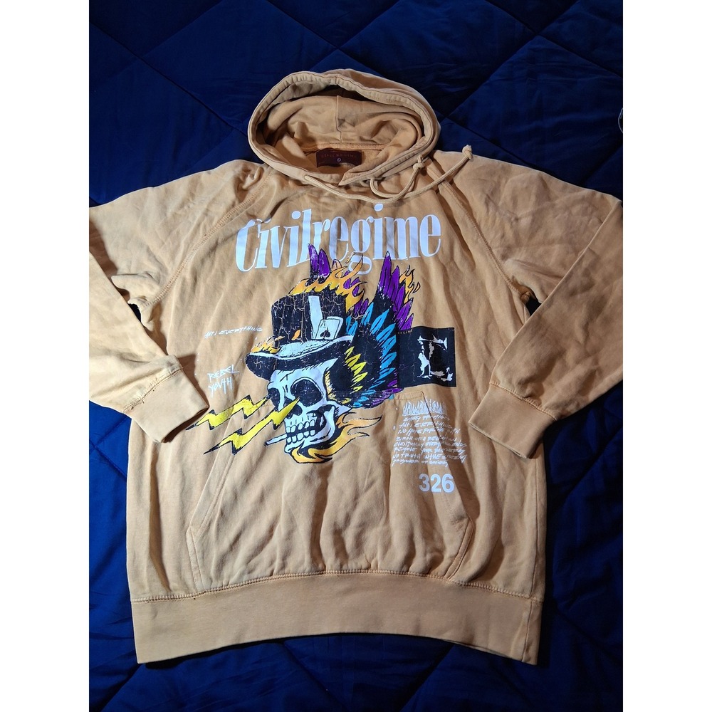 Civil Regime Mens Skull Top Hat Graphic Hoodie Tan Yellow Large